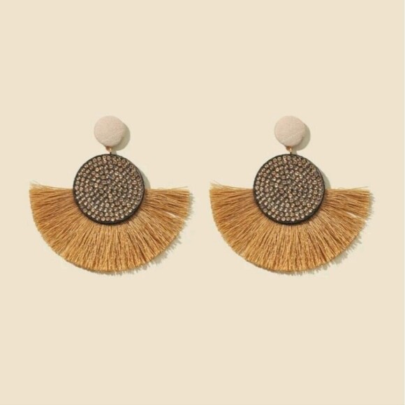 Bohemian Brown Rhinestone Decor Tassel Drop Earrings NWT Elegant Chic - Picture 1 of 3